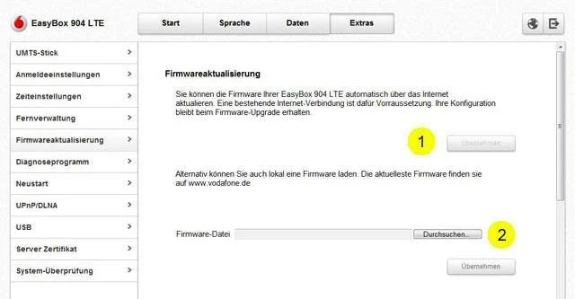 EasyBox 904 LTE Firmware-Aktualisierung im Browser-Menü